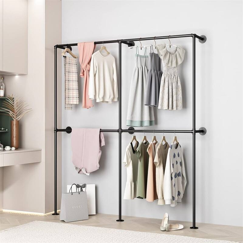 Industrial Pipe Clothing Rack Wall Mounted - 11.8"D x 71"W x 82.6"H