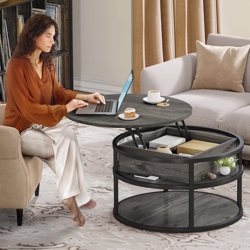 Moasis Round Lift Top Coffee Table with Hidden Storage and Shelf