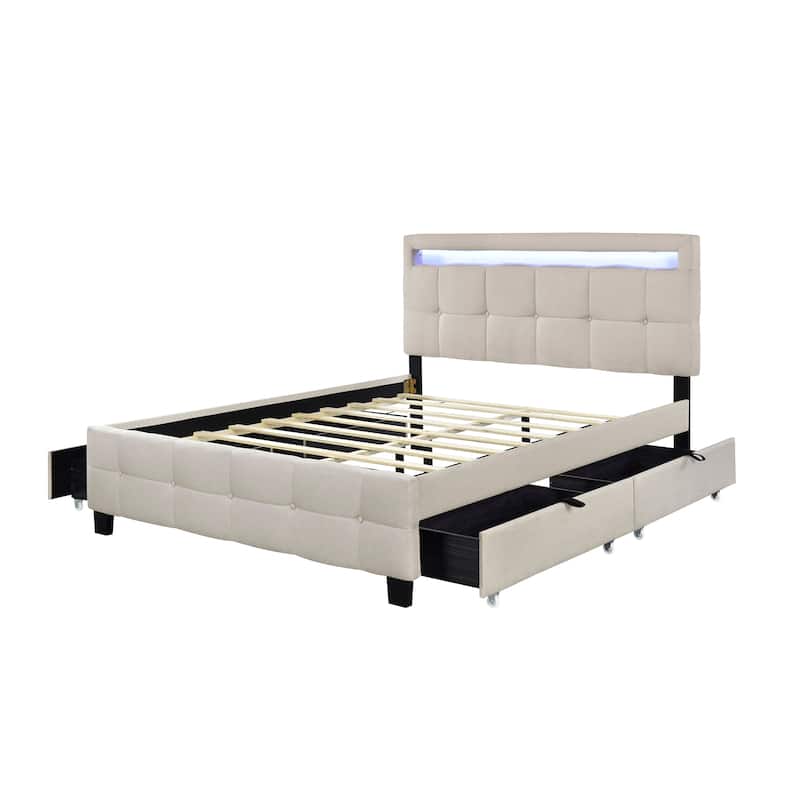 Queen Size Upholstered Platform Bed with LED Frame and 4 Drawers, Linen