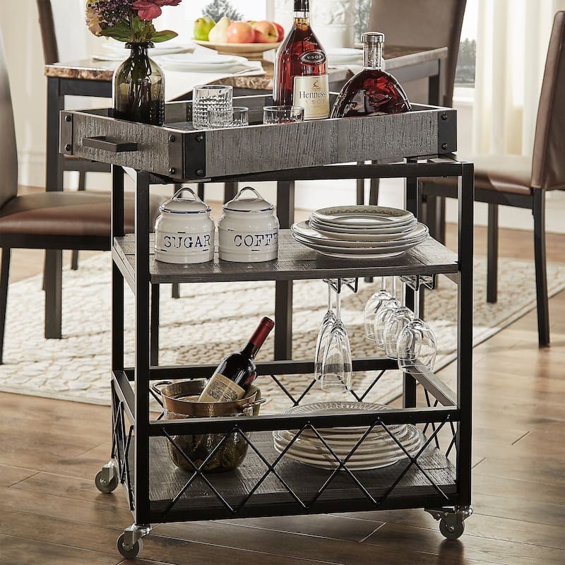 Myra Rustic Serving Cart with Wine Inserts and Removable Tray Top by iNSPIRE Q Classic