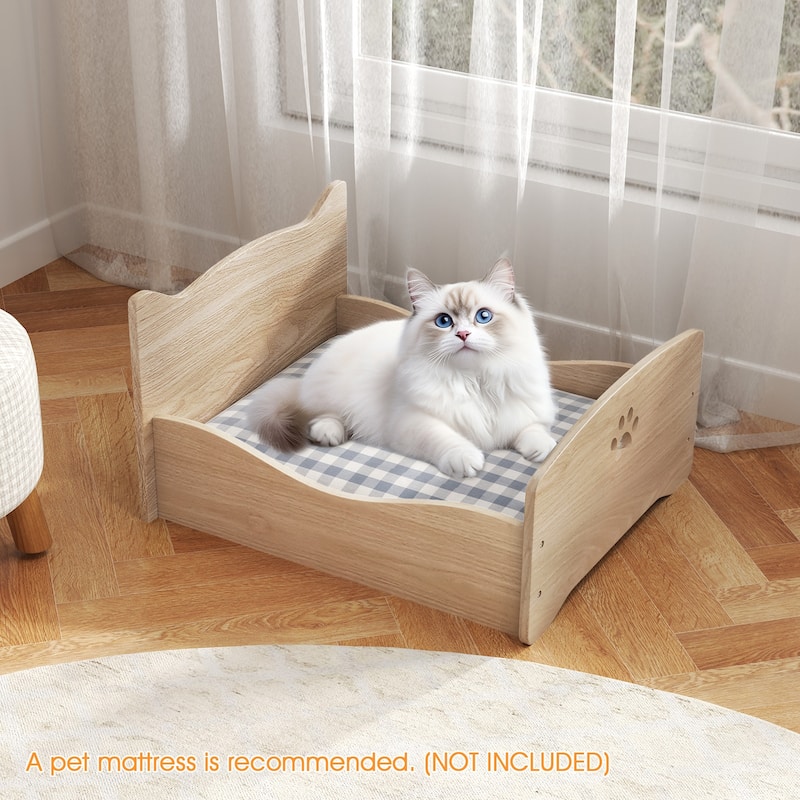 Natural Elevated Pet Bed Frame with Cute Headboards and Rails Ideal for Small Animals - 21" x 18" x 20"