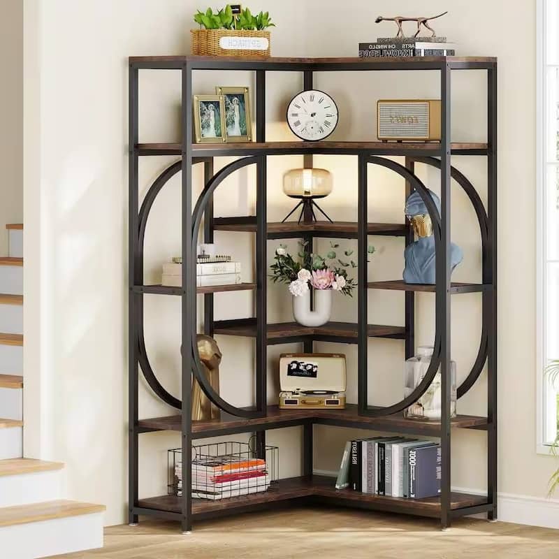 69" Tall L Shape Corner Bookshelf with 14 Open Shelves and Metal Frame for Living Room or Office Use