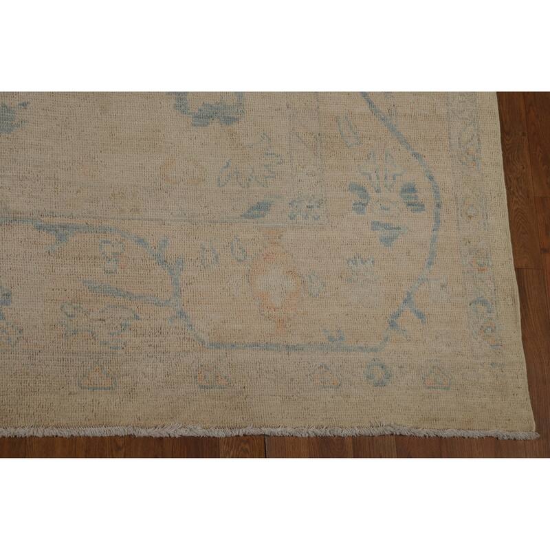 Vegetable Dye Oushak Turkish Area Rug Hand-Knotted Beige Wool Carpet - 8'11"x 11'10"