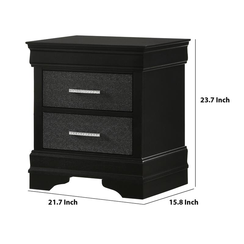 2 Drawer Wooden Nighstand with Horizontal Pull and Studded Accent, Black