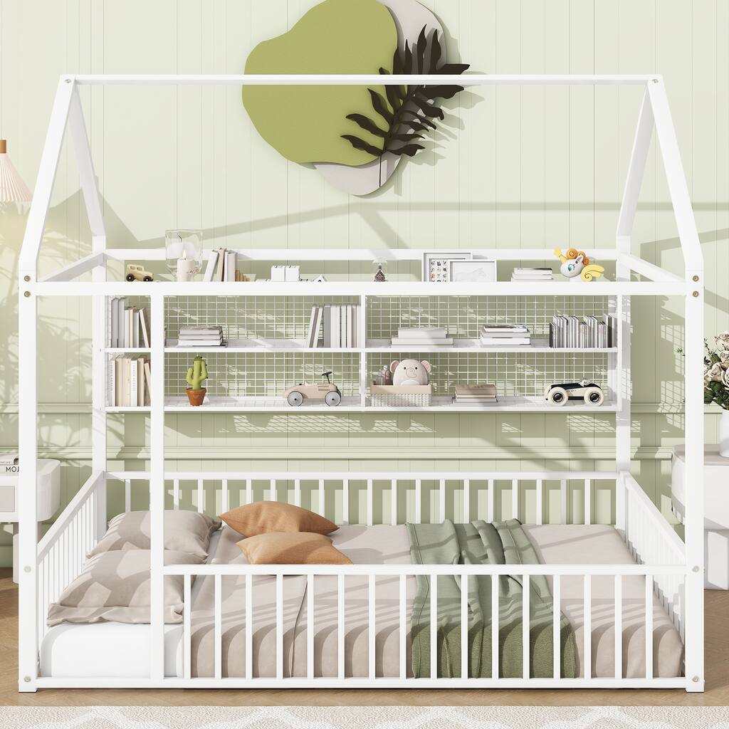 Metal House Bed Full Size Montessori Floor Bed with Fence