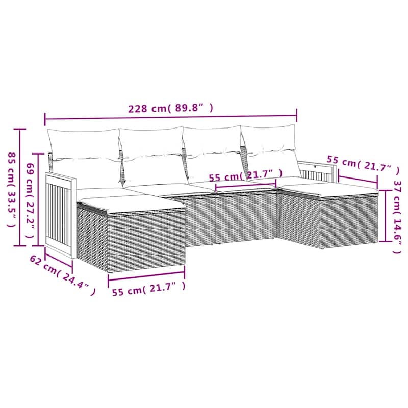 vidaXL Patio Sofa Set with Cushions Outdoor Conversation Furniture Poly Rattan - 21.7 x 21.7 x 14.6 in