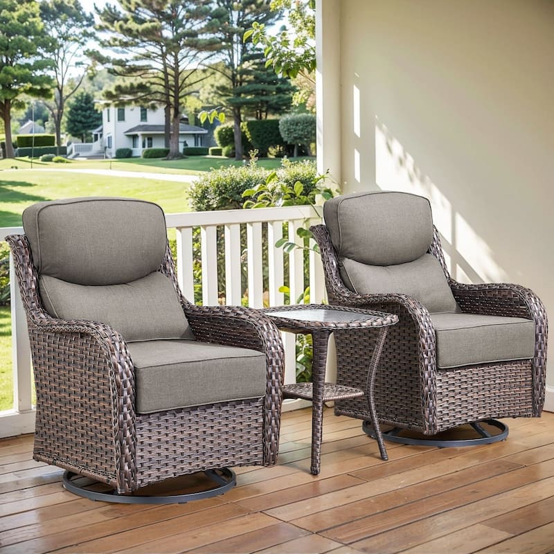 Arcadia 3-Piece Wicker Patio Swivel Glider Chairs with 6-Inch Thick Cushions and Side Table - Gray Cushions - Brown Wicker