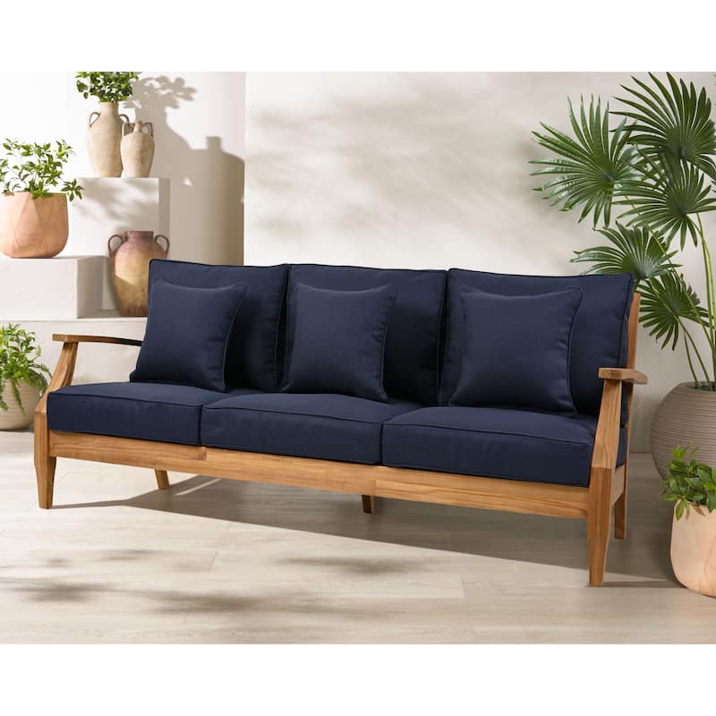SAFAVIEH Couture Martinique Wood Patio Sofa - 82"W x 35"D x 32"H - Natural Teak/Navy