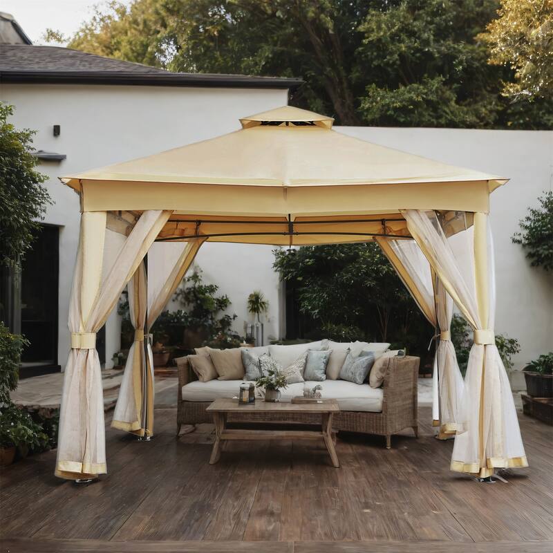 Patio Gazebo Tent with Double Roofs and Mosquito Netting for Backyard