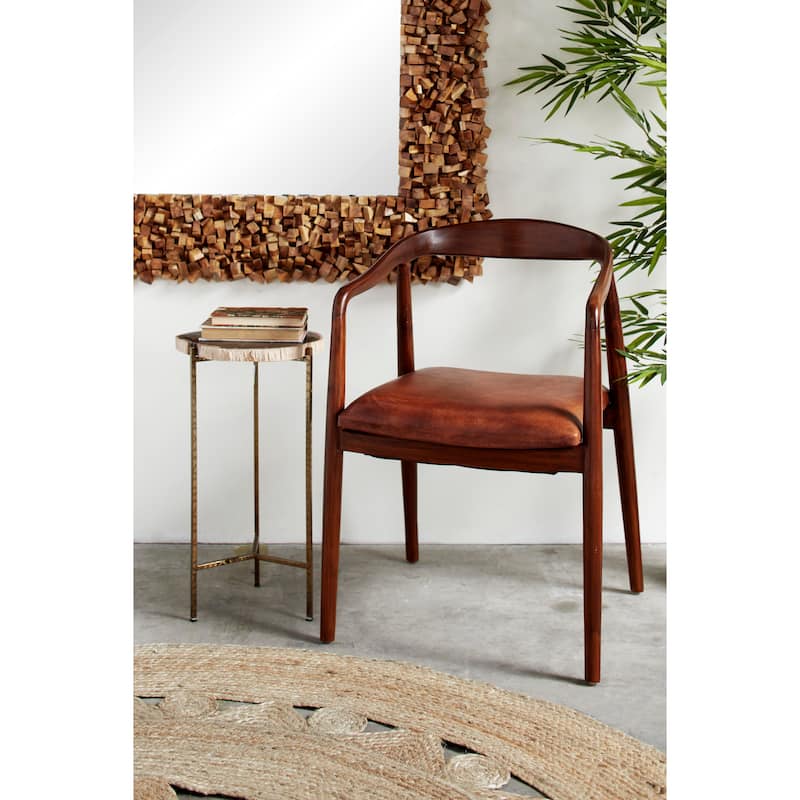 Brown Teak Wood Handmade Rounded Dining Chair with Leather Cushion - 20 x 21 x 32 - Single - 20 x 21 x 32 - Brown