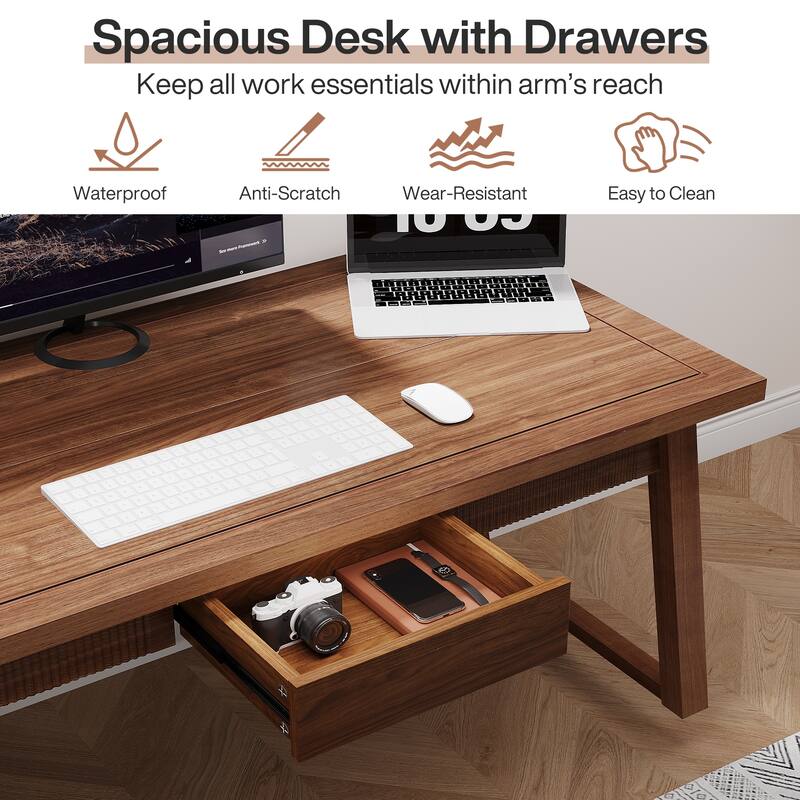 55-In Home Office Executive Desk, Solid Wood Computer Desk with Drawer - Brown
