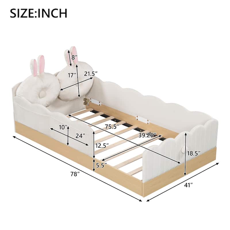 Twin Size Upholstered Bed with Bunny Ear Shape Pillows and Rabbit Tail Footboard, Storage Bags, Wave Frame Platform Bed