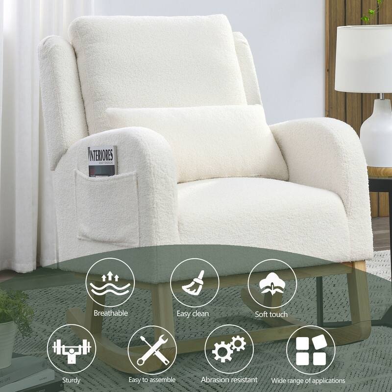 Grondin Modern Style Rocking Chair, Teddy Fabric Upholstered Nursery Rocker with Side Pockets