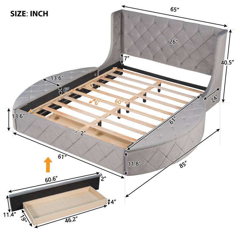 Velvet Platform Bed Queen Size with Wingback Headboard, 1 Large Storage Drawer, and 2 Side Storage Stools, Easy Assembly