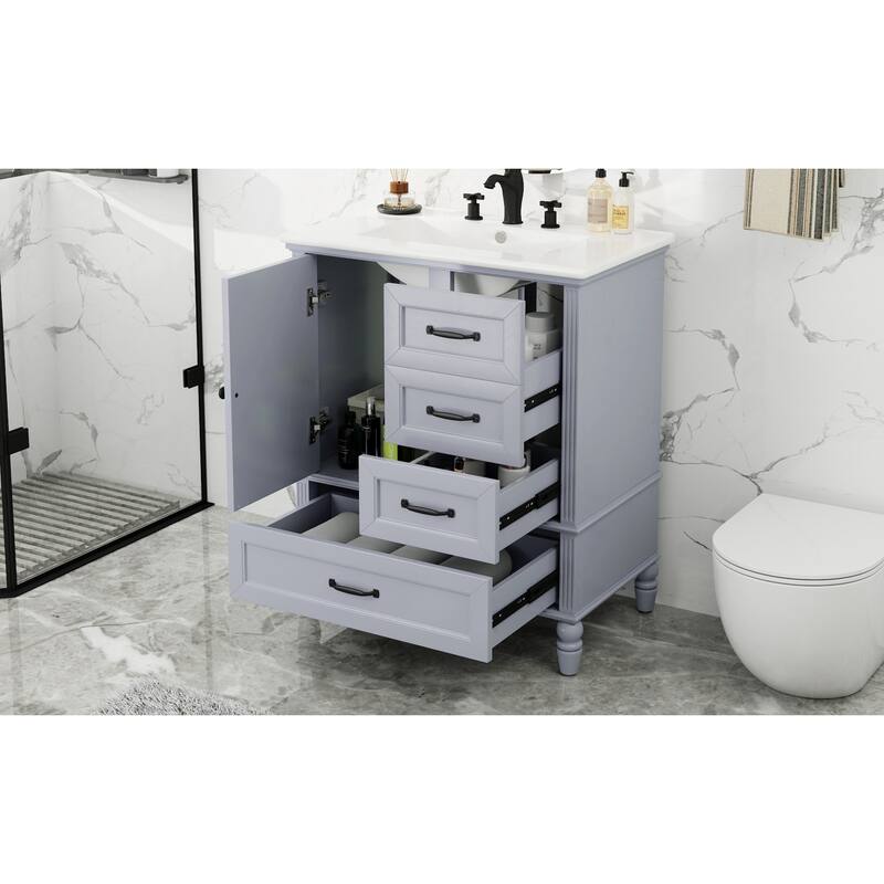 30" Bathroom Vanity wCeramic Sink, Cushioning Door & Drawers, Solid Wood Legs & MDF Board, Adiustable Foot Pads Bathroom Cabinet
