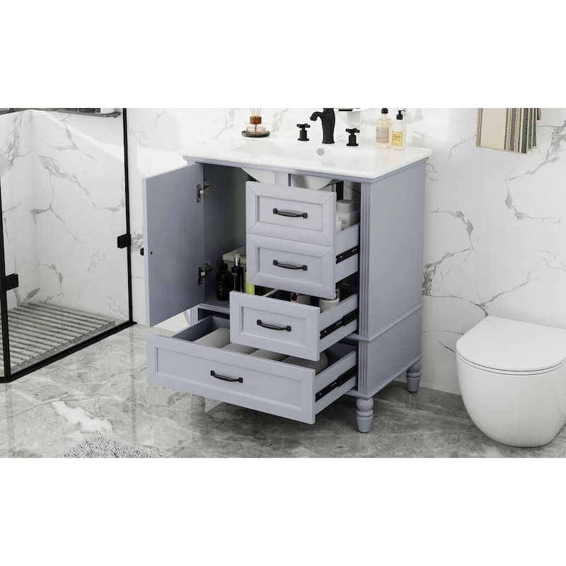 Roomfitters Bathroom Vanity with Sink, Single Door Cabinet and Three Drawers, Solid Wood Legs