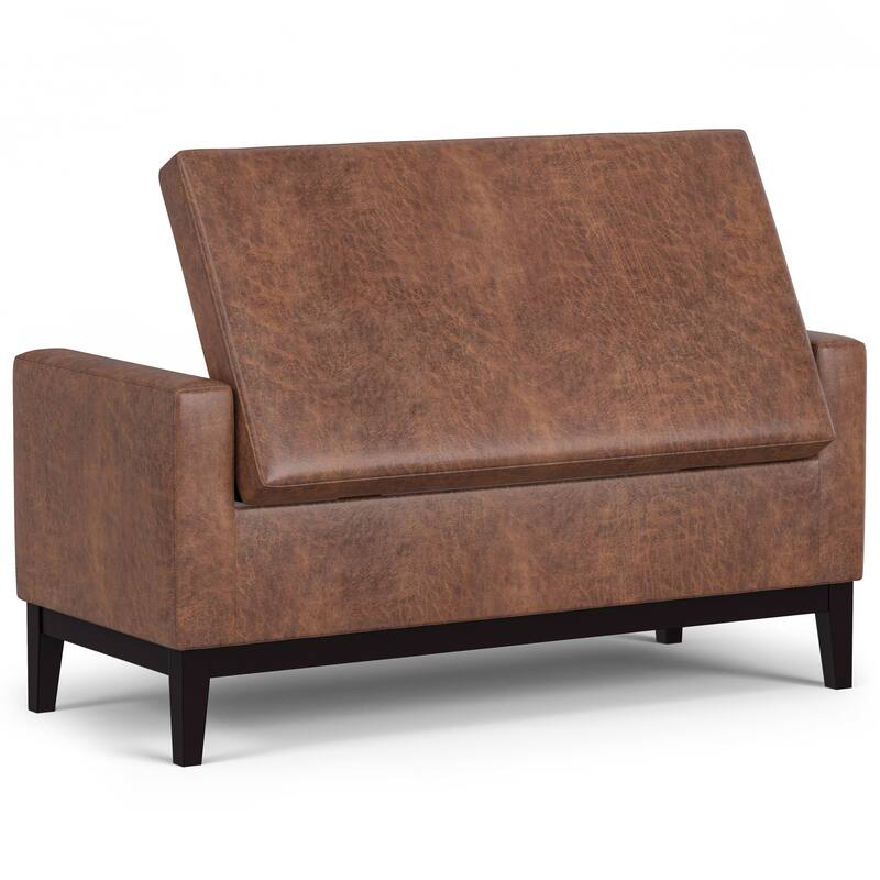 Selah 48 inch Wide Rectangle Storage Ottoman in Distressed Saddle Brown Vegan Faux Leather