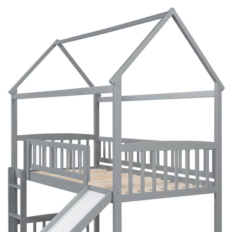Twin Over Twin Bunk Bed with Slide, House Bed with Slide, Gray
