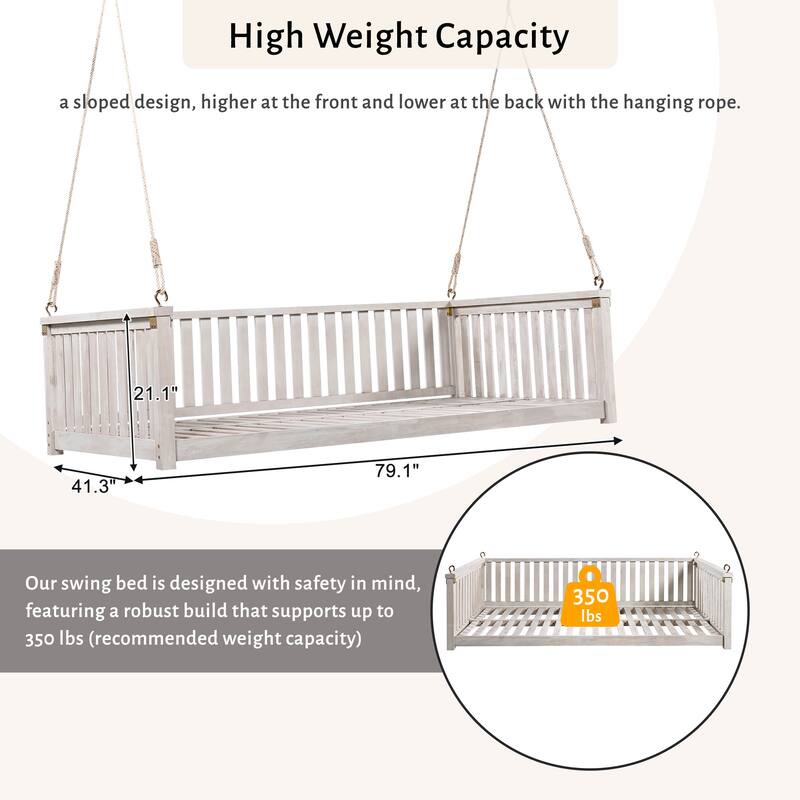 Premium Acacia Wood Patio Swing Bed with Ropes - Comfortable Outdoor Twin-Size Swing for Garden, Porch, or Backyard