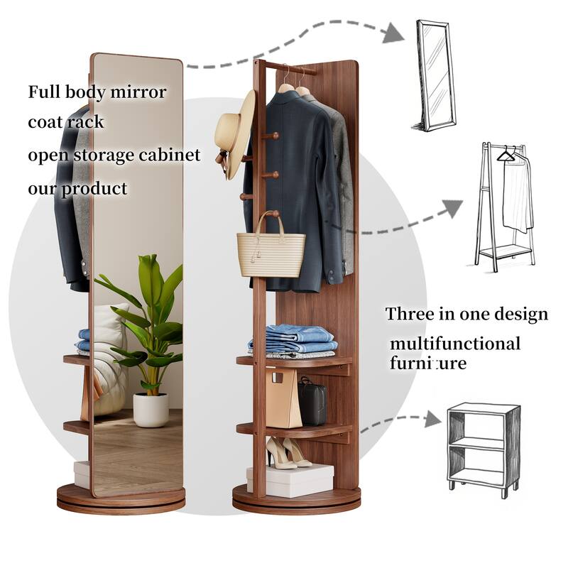 360° Rotating 66"x14" Multifunctional Full Length Mirror with Hook Storage Rack Coat Rack with Mirror Solid Wood Floor Mirror