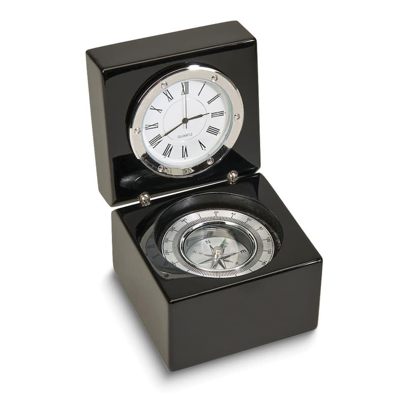 Curata Black Wood Square Box with Clock and Compass and Engraving Plate