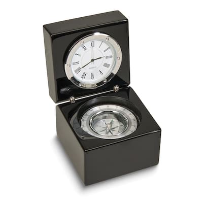 Curata Black Wood Square Box with Clock and Compass and Engraving Plate