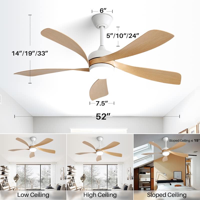 45 Inch / 52 Inch White Ceiling Fan with Dimmable LED Light and Remote, 6-Speed Reversible DC Motor, ABS Blades