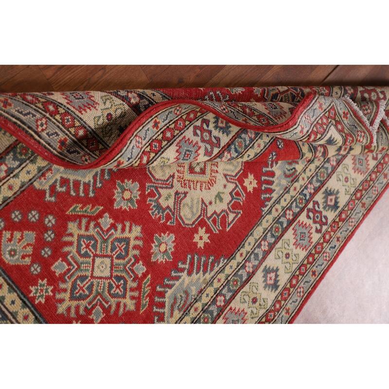 Geometric Kazak Accent Rug Handmade Red Wool Carpet - 3'2"x 5'0"