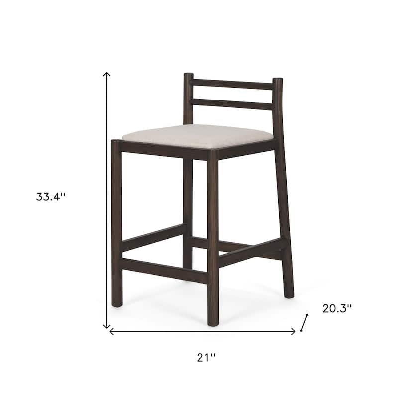 HomeRoots 26" Cream and Dark Brown Fabric and Solid Wood Low Back Counter Height Bar Chair