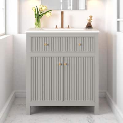 30 Inch Bathroom Vanity Sink Combo, Grey MDF Cabinet with Ceramic Basin, 2 Soft Close Doors, Modern Style