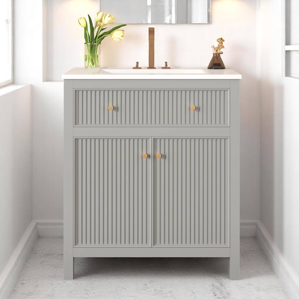 30 Inch Bathroom Vanity Sink Combo, Grey MDF Cabinet with Ceramic Basin, 2 Soft Close Doors, Modern Style