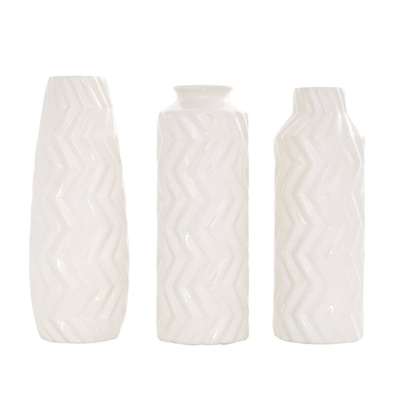 White Ceramic Dimensional Chevron Textured Decorative Vase with Varying Shapes (Set of 3)