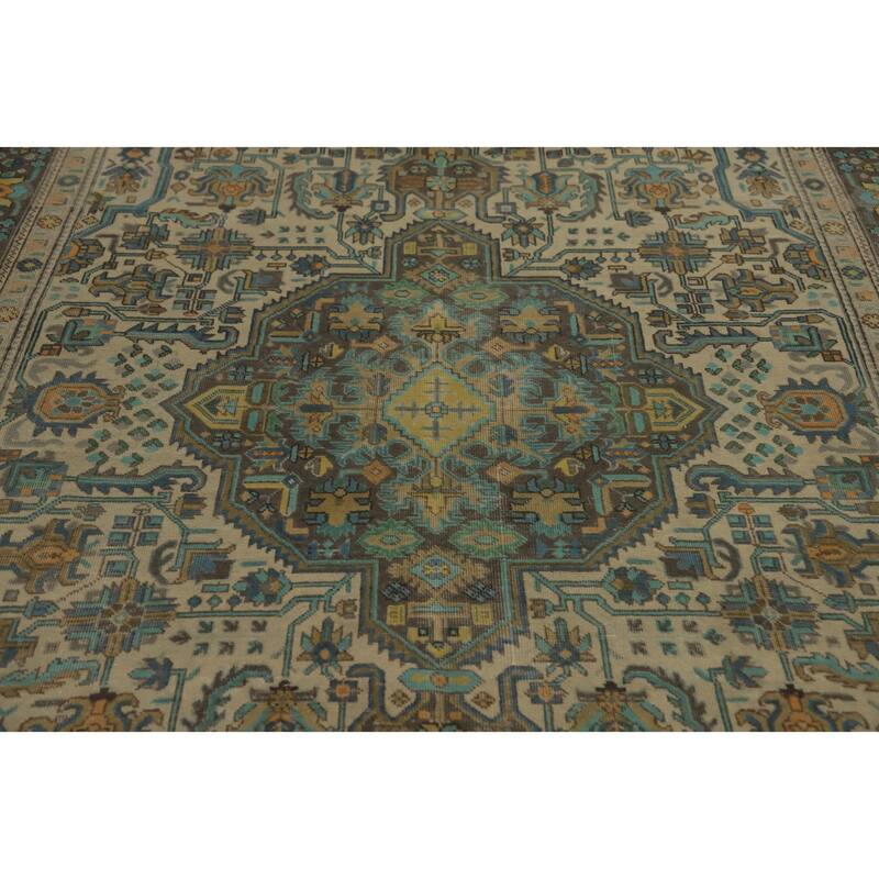 Hand Knotted Oriental 100% Wool Carpet Traditional Floral Beige & Ivories Tabriz Area Rug - 9' 6'' X 6' 8''