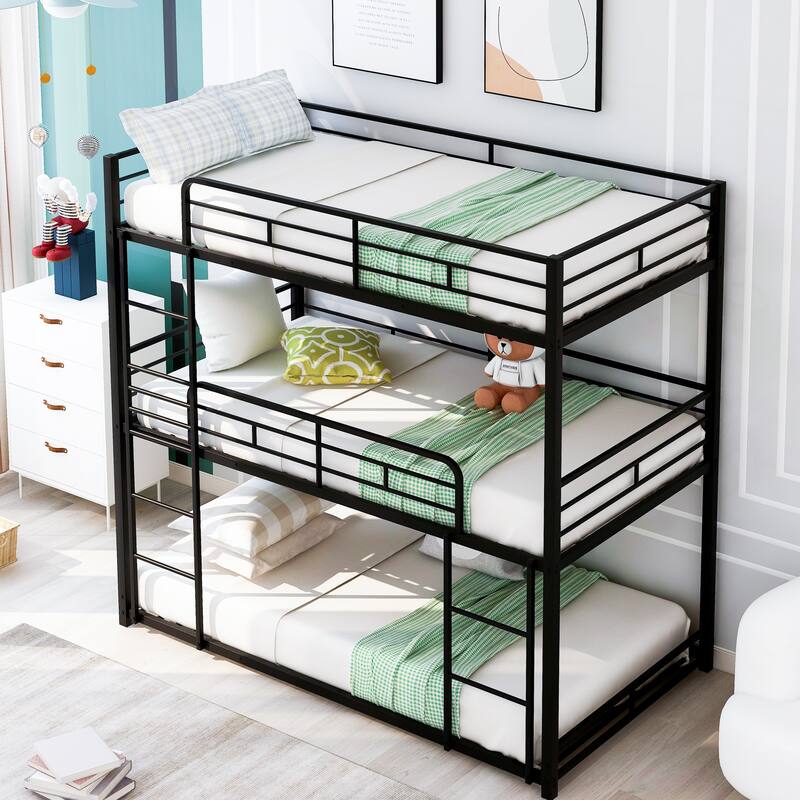 Metal Twin Size Triple Bunk Bed - Sturdy, Space-Saving Design, Full-Length Guardrails, Black/Grey