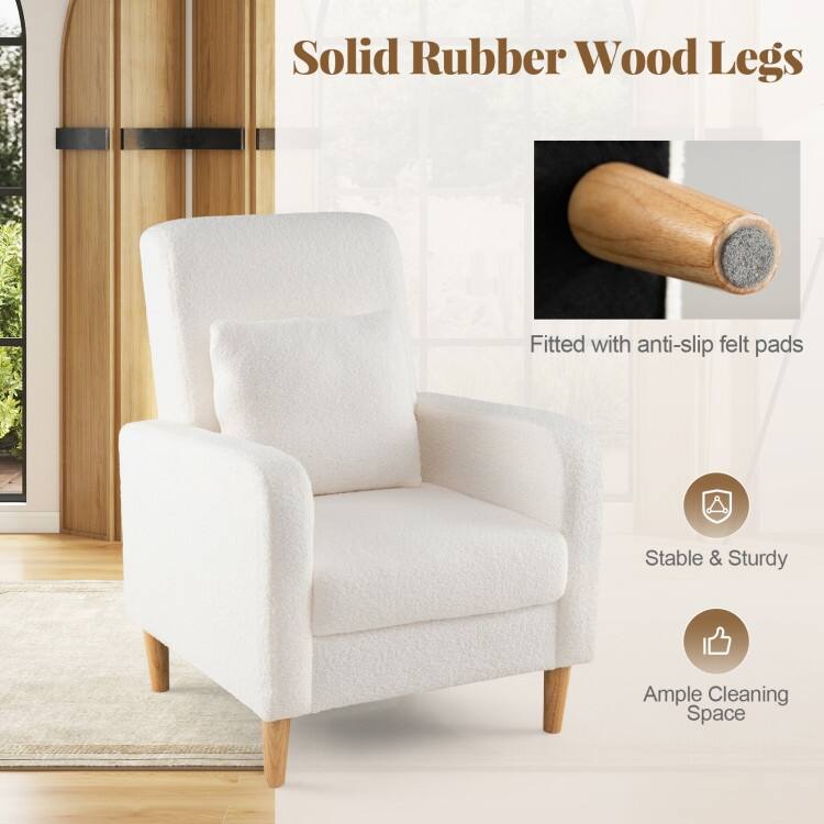 White Teddy Fleece Accent Chair with Lumbar Pillow and Wood Legs - 27.5" × 30" × 36.5"