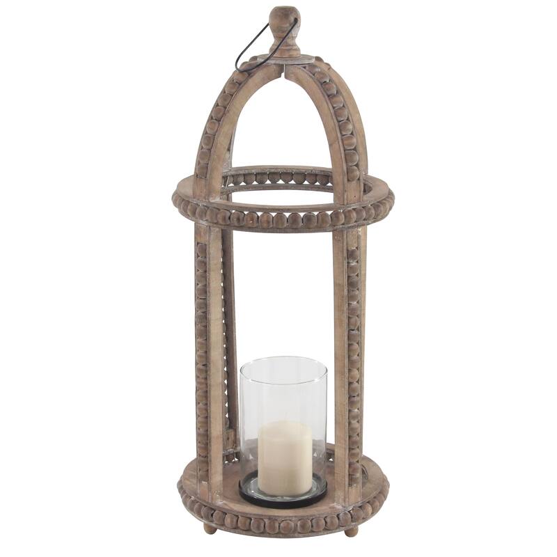 Brown Reclaimed Wood Beaded Decorative Indoor Outdoor Candle Lantern