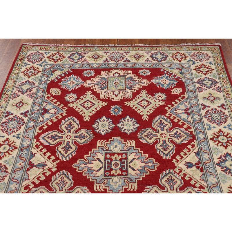 Traditional Kazak Area Rug Hand-Knotted Red Wool Carpet - 4'11" x 6'6"
