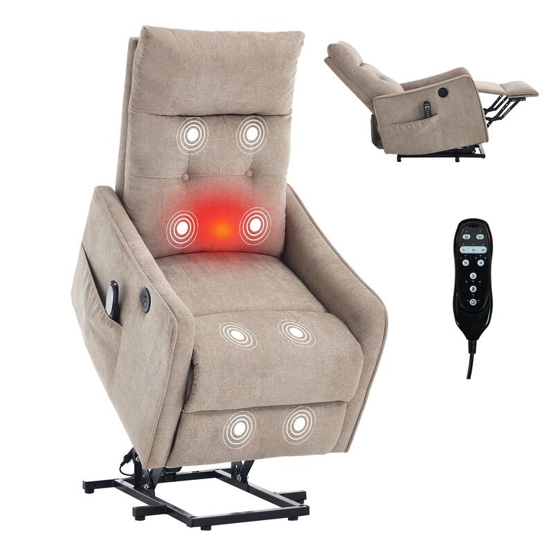 Chenille Single Motor Power Lift Recliner Chair with Massage and Heat for Elderly, Heavy Duty Motion Mechanism and One USB