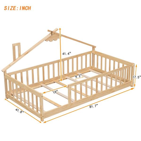 Twin House-Shaped Bedside Floor Bed w/Guardrails and Slats - Natural