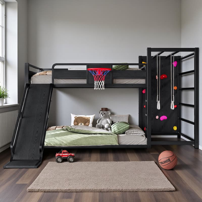 Kids Metal Loft Bed with Slide, Basketball Hoop, Climbing Wall, Pull-Up Rings and Bookshelves