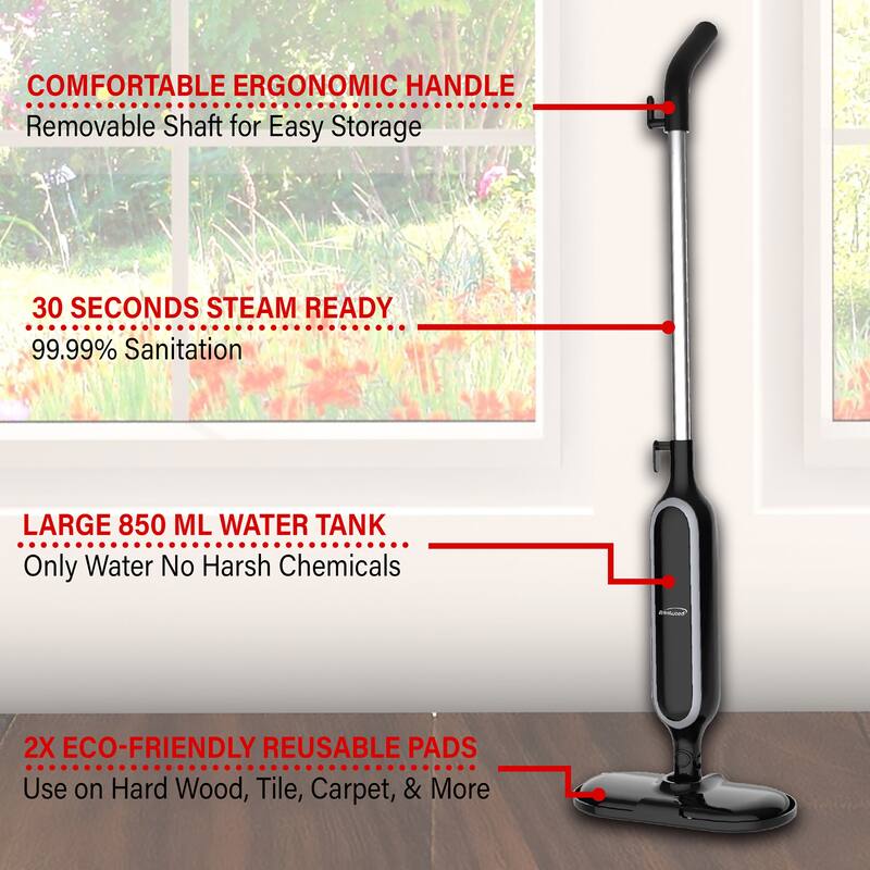 Brentwood 1100w Steamer Mop in Black - 8' x 11'