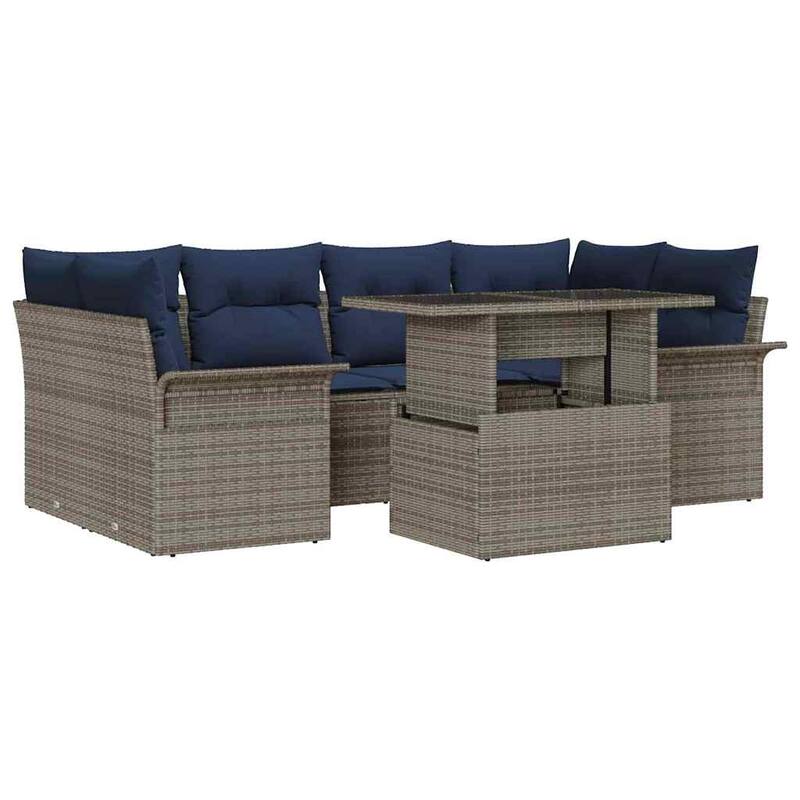 vidaXL 7 Garden Sofa Set with Cushions Black/Brown/Grey Poly Rattan - 92.1 x 52.2 x 27.2