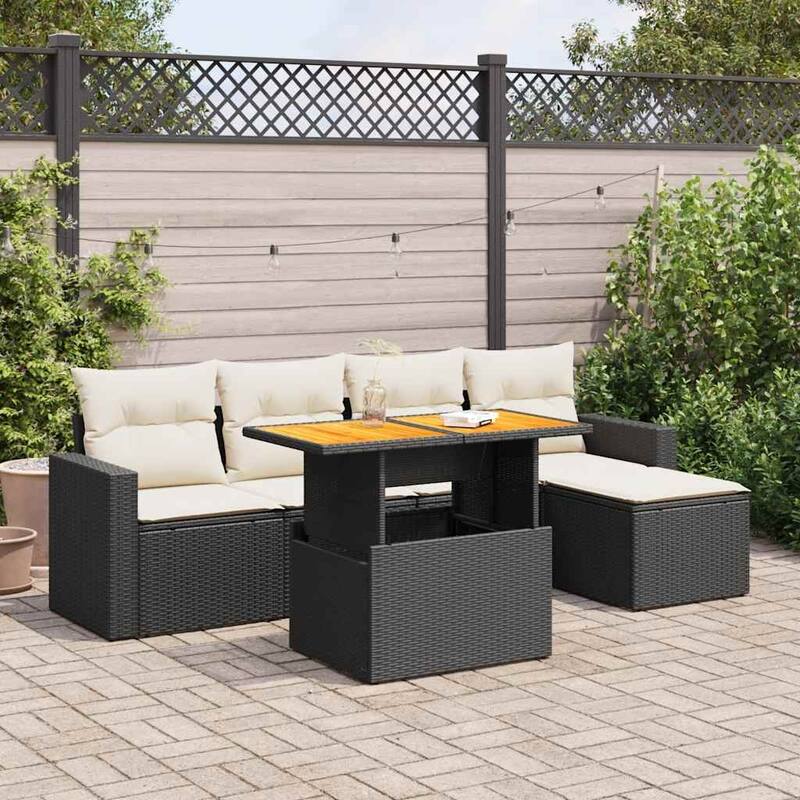 vidaXL Patio Sofa Set with Cushions Modular Outdoor Seating 6 Piece Poly Rattan - 21.7 x 39.4 x 28.7 - Black and cream with storage