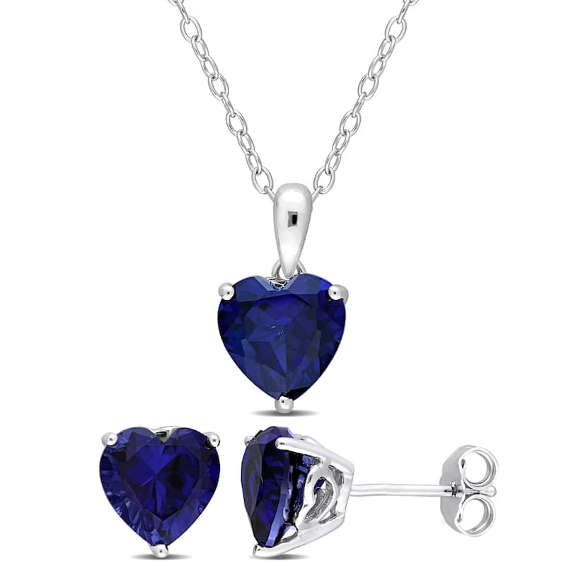 Miadora 6 3/4ct TGW Heart-Shape Created Blue Sapphire Solitaire Necklace & Stud Earrings Set Sterling Silver