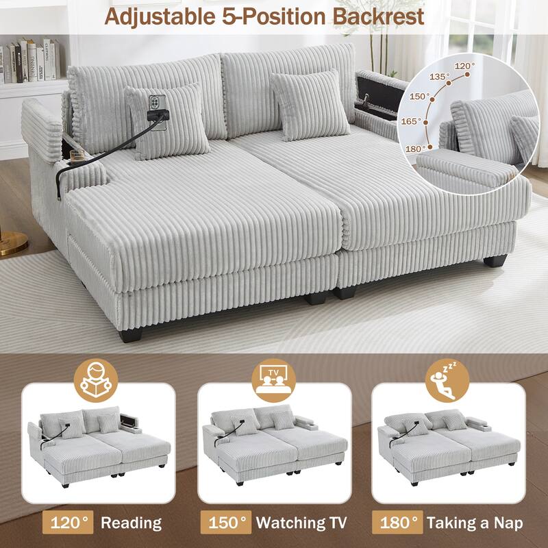 Corduroy Chaise Lounge Sofa Loveseat Sleeper Sofa with Adjustable Backrest, Cup Holders, Phone Holder and Dual Storage Armrest