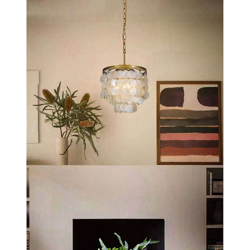 3-Light Indoor Capiz Shell Chandeliers 13" Coastal Decor Pendant Lighting-OB - 14 inches