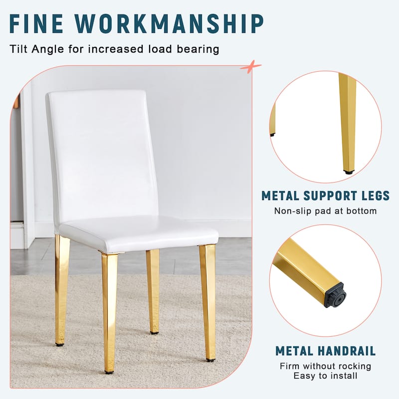 Set of 4 white PU leather backrest chairs with gold metal legs -A perfect match, suitable for minimalist and contemporar