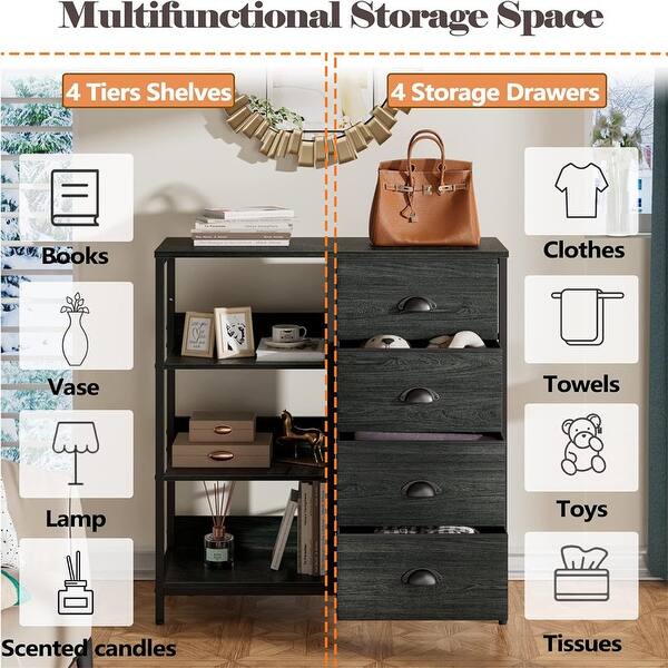 Black Dresser with 4 Drawers and Side Shelf - 11.4"D x 28.3"W x 31.8"H - Bed Bath & Beyond - 39887637 Black Dresser with 4 Drawers and Side Shelf - 11.4"D x 28.3"W x 31.8"H - Bed Bath & Beyond - 39887637