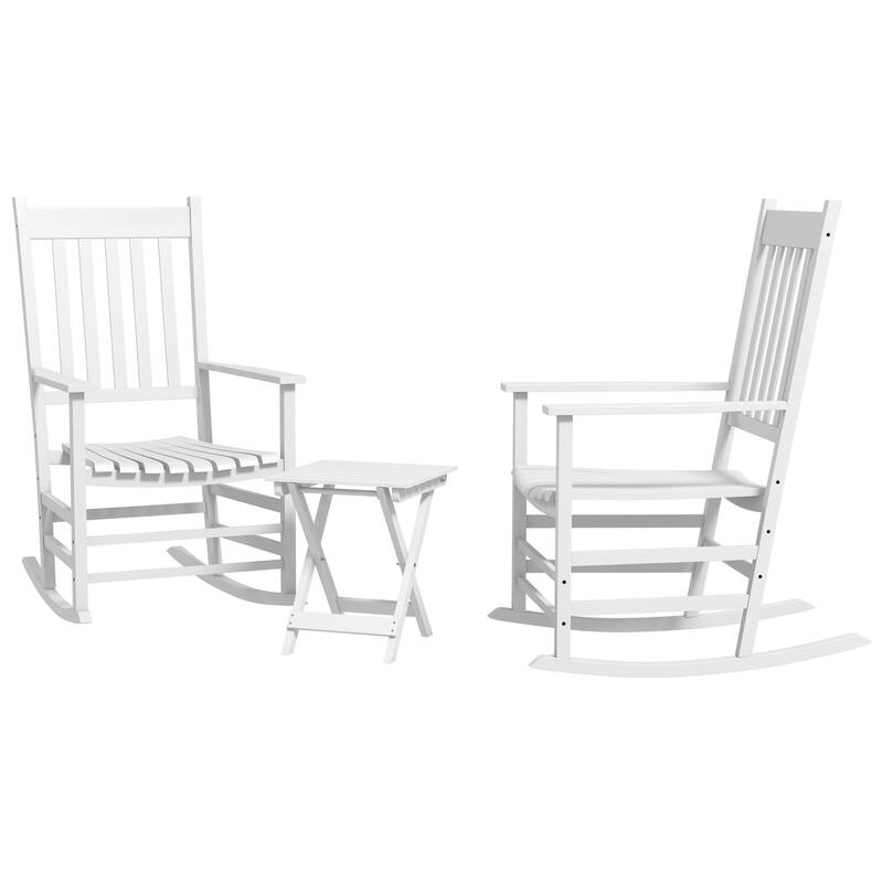 Outdoor Rocking Chair Set of 2 with Side Table, Patio Wooden Rocking Chair - White