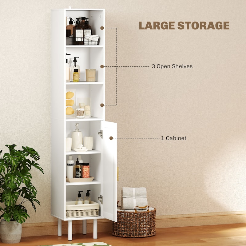 Rattan Bathroom Cabinet with Adjustable Shelf and Open Shelves - 12.6" W x 11.8" D x 66.9" H